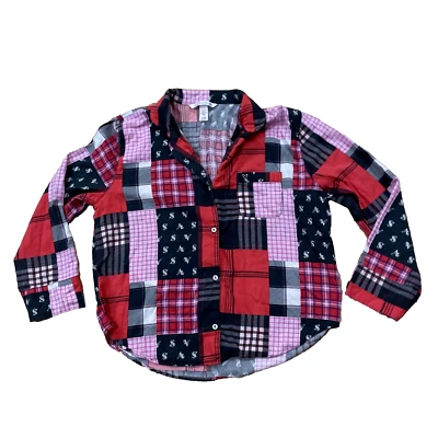 VICTORIAS SECRET лоскутное одеяло фланелевая рубашка женщин L ангел розовый красный черный Western L - Изображение 1 из 4