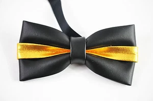  Mens PVC Faux Leather Gold Golden Black Shining Bow Tie Bowties Wedding Party - Picture 1 of 4