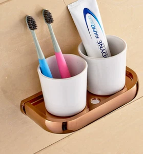 Rose Gold Copper Wall Mount Bathroom Toothbrush Holders Dual Ceramic Cups mba870 - Picture 1 of 5
