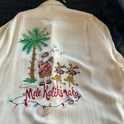 Camisa Hawaiana Go Barefoot Mele Kalikimaka Navidad Seda Bordada De Colección XL Foto 1 de 4