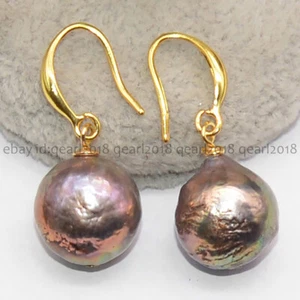 Huge 12-14mm Real Natural South Sea Baroque Black Edison Pearl Dangle Earrings - Picture 1 of 5