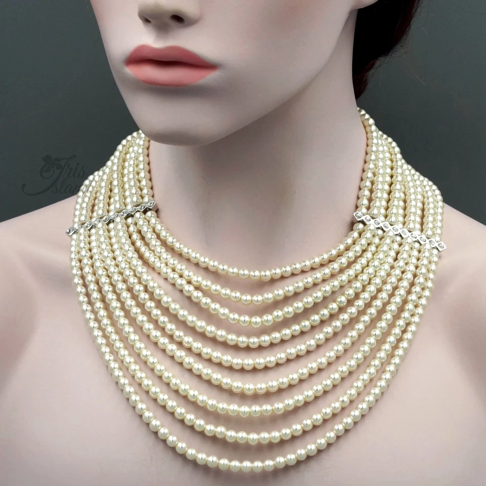 Colar feminino de pérolas brancas com várias camadas de contas de cristal 7121 - Imagem 1 de 4