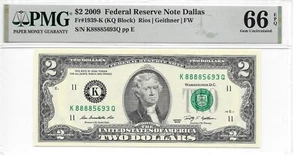 2009 Dallas $2 FRN Lucky Money KQ Block PMG 66 EPQ Gem Uncirculated (K8888xxxxQ) - Picture 1 of 4