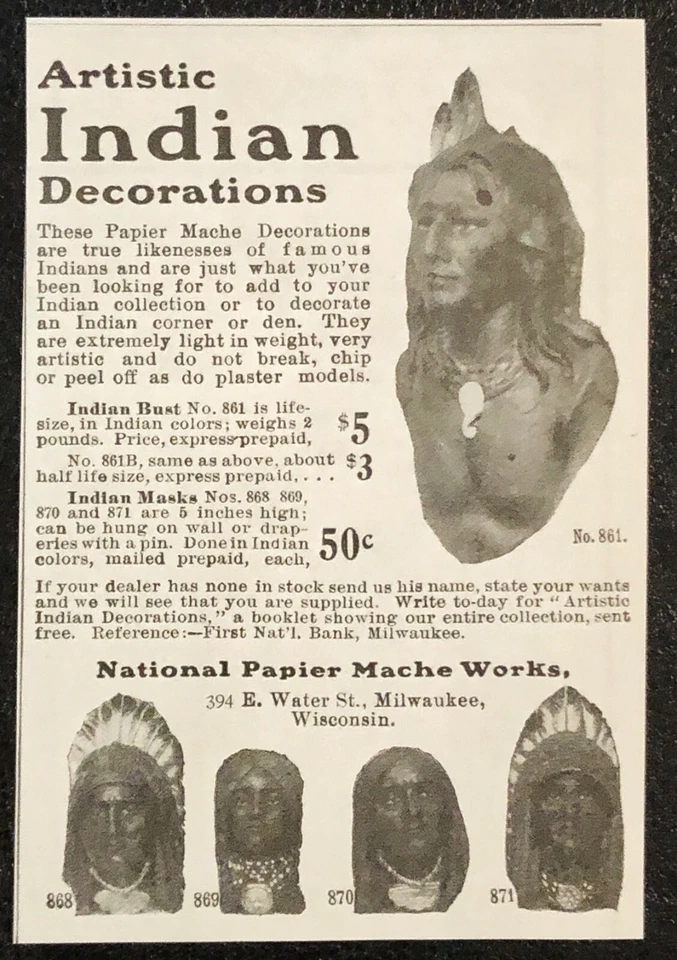 Indian Head Art National Paper Mache Works, Milwaukee, WI De colección 1901 Anuncio impreso en papel Foto 1 de 1
