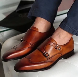 Zapatos Oxford con punta de ala doble monje de cuero tostado genuino hechos a mano a medida para hombre - Imagen 1 de 4