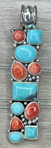 Vintage BARSE Sterling 925 Turquoise & Coral Modernist Bar Pendant 8g Big 2.25'' - Picture 1 of 11