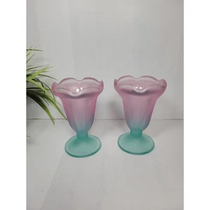 2 Libbey Ka-Dinks Frosted Parfait, Sundae Glasses, Ombre Pink to Aqua - Picture 1 of 4
