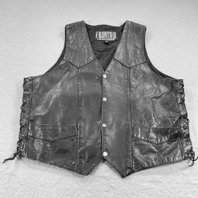 Frontier Leathers Vest Mens 48 Black Leather Side Lace Snap Front Biker Moto - Image 1 of 4