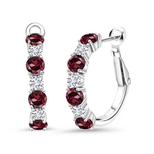 925 Sterling Silver Rhodolite Garnet and White Lab Grown Diamond Hoop Earrings - Picture 1 of 4