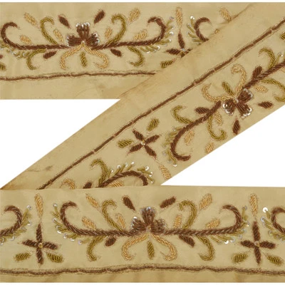 Sanskriti Vintage 1 Yarda Sari Borde Cuentas A Mano Borde Costura Crema Artesanal Encaje Foto 1 de 4