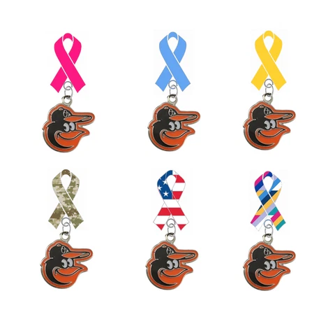 Baltimore Orioles Mascot Ribbon Pin Pink Cancer Blue Yellow Camo USA Crucial Cover