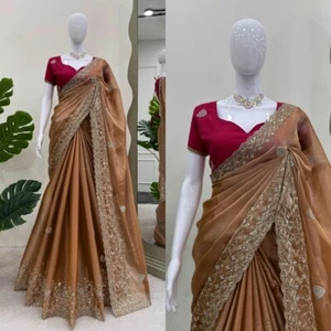 Party Wear Saree Designer Sari Bollywood Bridal Silk Saree Blouse Indian Festive - Picture 1 of 8