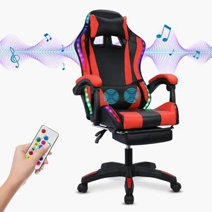 RGB LED Light Computer Gaming Chair Speakers Massage Footrest High Back Recliner - Picture 1 of 15