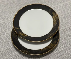 2 Kotobuki Kyoto Japan fancy hand painted 6.5 in plates Black and Gold - Picture 1 of 9