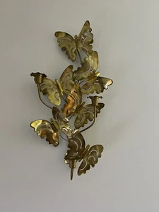 Vtg Brass Triple Candle Butterfly Wall Candelabra Sconce Wall Art Hanging MCM - Picture 1 of 13