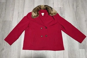 Chico’s Pea Coat Red Faux Fur Removable Collar Size 3 Large - Picture 1 of 13