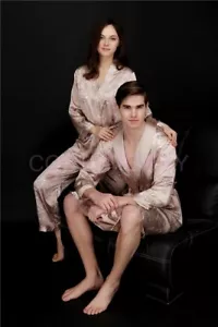 Womens Mens Satin Dressing Gown Robe Sleepwear Pyjamas Couple Set Lounge Pajamas - Picture 1 of 22