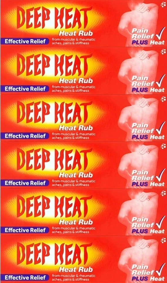 6 X DEEP HEAT CREAM RUB 100G. FAST RELEIF FOR MUSCULAR ACHES AND PAINS.