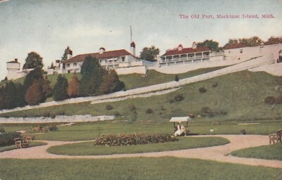 Old Fort Mackinac  Foreground Island MI Michigan Souvenir Vintage Postcard - Image 1 of 2