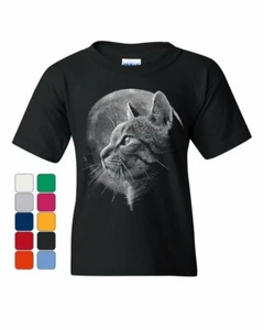 A Cat at Night Youth T-Shirt Space Cat Lovers Moon Kitty Meow Purr Kids Tee - Picture 1 of 7