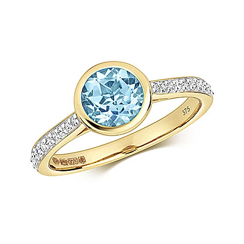 9ct Oro Amarillo Talla Redonda Suizo Topacio Azul&Diamante Anillo - Imagen 1 de 1