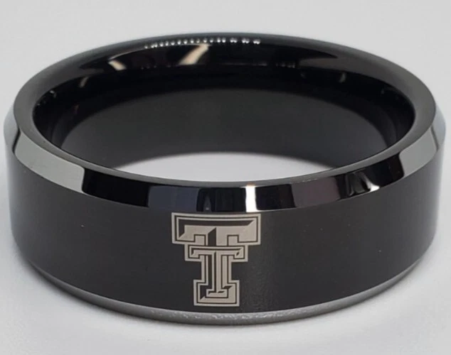 Anillo de boda Texas Tech Red Raiders anillo de boda negro y plateado #ncaa Foto 1 de 1