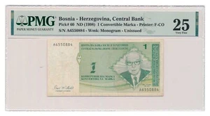 BOSNIA-HERZEGOVINA banknote 1 Convertible Marka 1998 Ivo Andric PMG VF 25 RARE ! - Picture 1 of 7