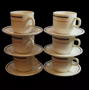 Set of 6 Vintage 80s Retro Pyrex White Milk Glass Cups & Saucers Red Blue Stripe - Picture 1 of 19