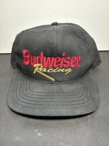 Vintage Budweiser Racing Embroidered Snap Back Hat Nascar Cap Script Logo Black - Picture 1 of 8