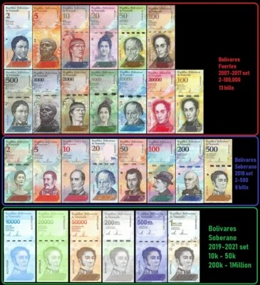 Venezuela Full Set 2 - 100,000 Bolivares, 2-500 Soberanos plus 6 newest -27 PCS - Image 1 of 4