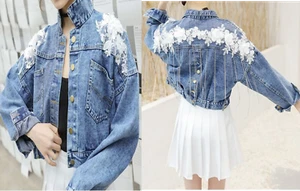 Chaqueta de mezclilla con botones para mujer Abrigo de jean floral Prenda para el torso Blazer - Imagen 1 de 8