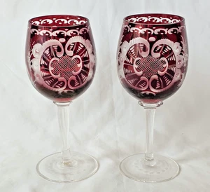 A PAIR OF RUBY FLASHED BOHEMIAN GLASSES GOBLETS - Picture 1 of 8