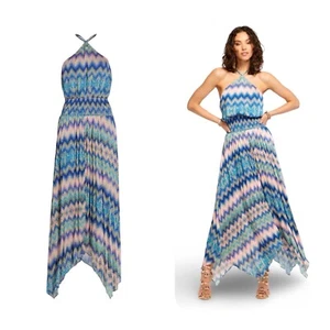 Maxi abito Ramy Brook Giana Chevron stampa Halter nuovo con etichette, orlo a fazzoletto taglia M - Foto 1 di 14