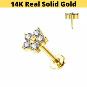 14K REAL SOLID GOLD 16G PUSH IN THREADLESS Flower CZ LABRET EAR TRAGUS NOSE RING - Picture 1 of 2