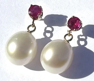 Genuine Ruby And Pearl Earrings, 14 Karat Yellow Gold - Picture 1 of 5