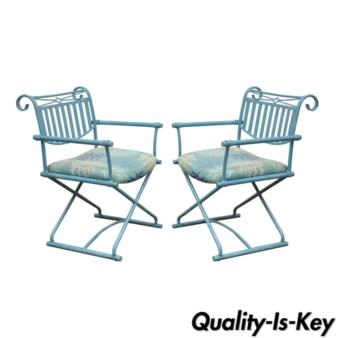 Pair of Vintage Hollywood Regency X Form Blue Iron Curule Directors Arm Chairs B Cover