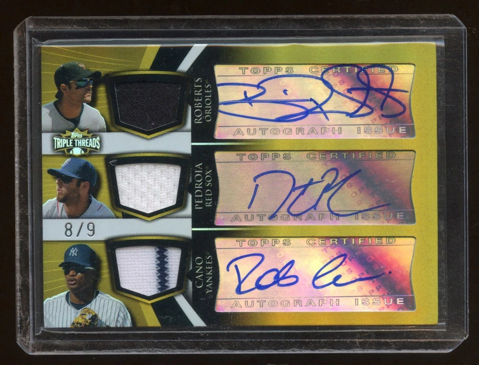 2009 TOPPS TRIPLE AUTO GOLD /9 ROBINSON CANO-DUSTIN PEDROIA-BRIAN ROBERTS GOLD ! - Image 1 of 1