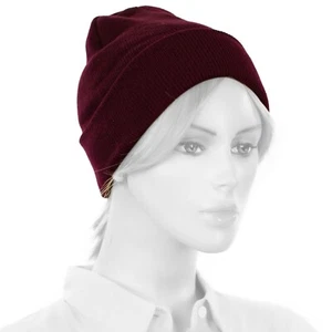 BURGUNDY plain blank long fold up beanie Hat Adult Size Soft 9" folded - Picture 1 of 2