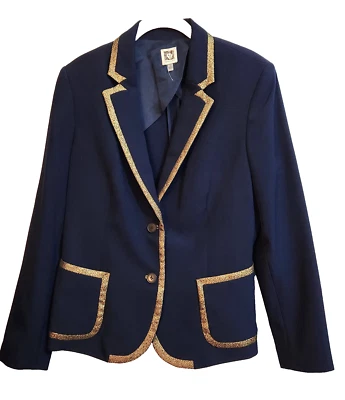 Nuevo con etiquetas Blazer Anne Klein 12 L Azul Marino Borde Dorado Vestido Chaqueta de Carrera $129 Foto 1 de 4