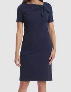London Times Women's Blue Bow-Neck Short-Sleeve Sheath Dress Petite Size 12P - Picture 1 of 3