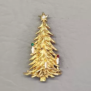 Roma Christmas Tree Brooch Vtg Rhinestone Candles Gold Tone Pin Signed 1.75" - Picture 1 of 16