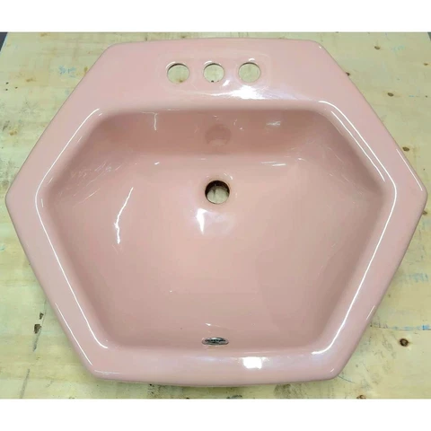 Pink hexagon bathroom sink cast iron vintage original Cover