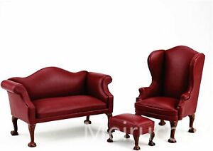 Dollhouse 1/12 Scale Miniature Furniture rexine Sofa Chair and Ottoman 3pcs Set