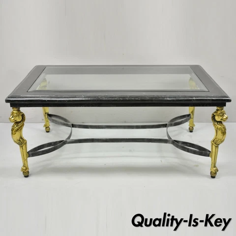 Italian Regency Style Brass Lion Marble Inlay Glass Top Steel Coffee Table Cover