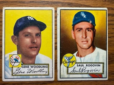 Lote de 2 tarjetas de béisbol 1952 Topps, Yankee Gene Woodling, Saul Rogovin, P, F, G Foto 1 de 4