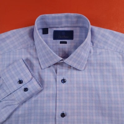 Camisa de hombre David Donahue manga larga abotonada azul a cuadros talla 16,5-32/33 Foto 1 de 4