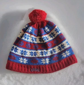 Vintage Bula Wool Knit Beanie Cap With Pom Pom Red White Blue Snowflakes - Picture 1 of 3