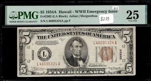 Five Dollar Hawaii Note L46695324A PMG 25 Emergency Issue Currency 1934 A - Picture 1 of 2