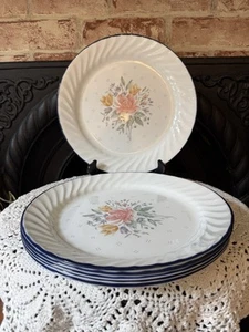 Corelle PROMISE Swirl Pink Blue Yellow Floral Blue Trim USA Dinner Plates Set 6 - Picture 1 of 9
