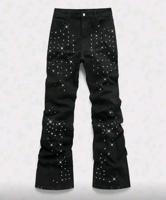 New Men Luxury Jeans Diamond Rhinestones Black Denim Trousers High Quality - image 1 of 4